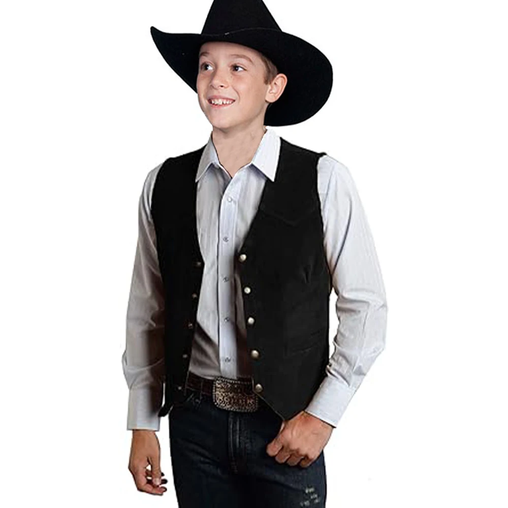 Gilet per bambini in pelle scamosciata West Cowboy gilet senza colletto ragazzi giacca senza maniche Steampunk Retro abbigliamento per bambini spettacolo di danza