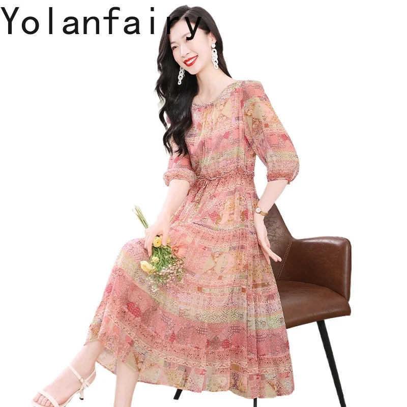 

YOLANFAIRY Gentle Style 100% Real Mulberry Silk Dresses for Woman Summer Elegant Floral Dress Womens Clothing Vacation Dresses