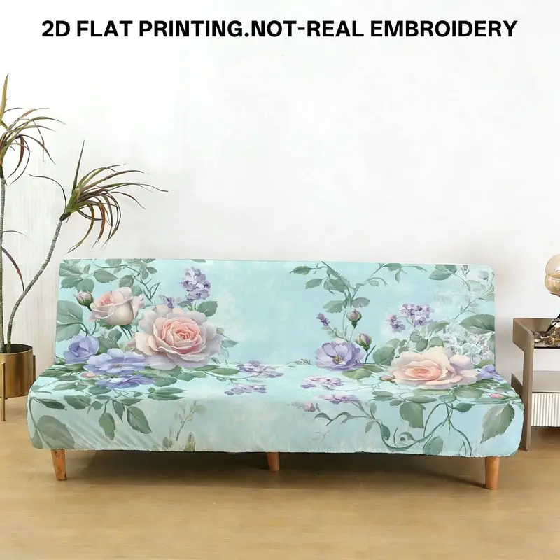 

Чехол для дивана-кровати с принтом в виде больших розовых роз и фиолетовых цветов, можно стирать в машине, весна/лето.