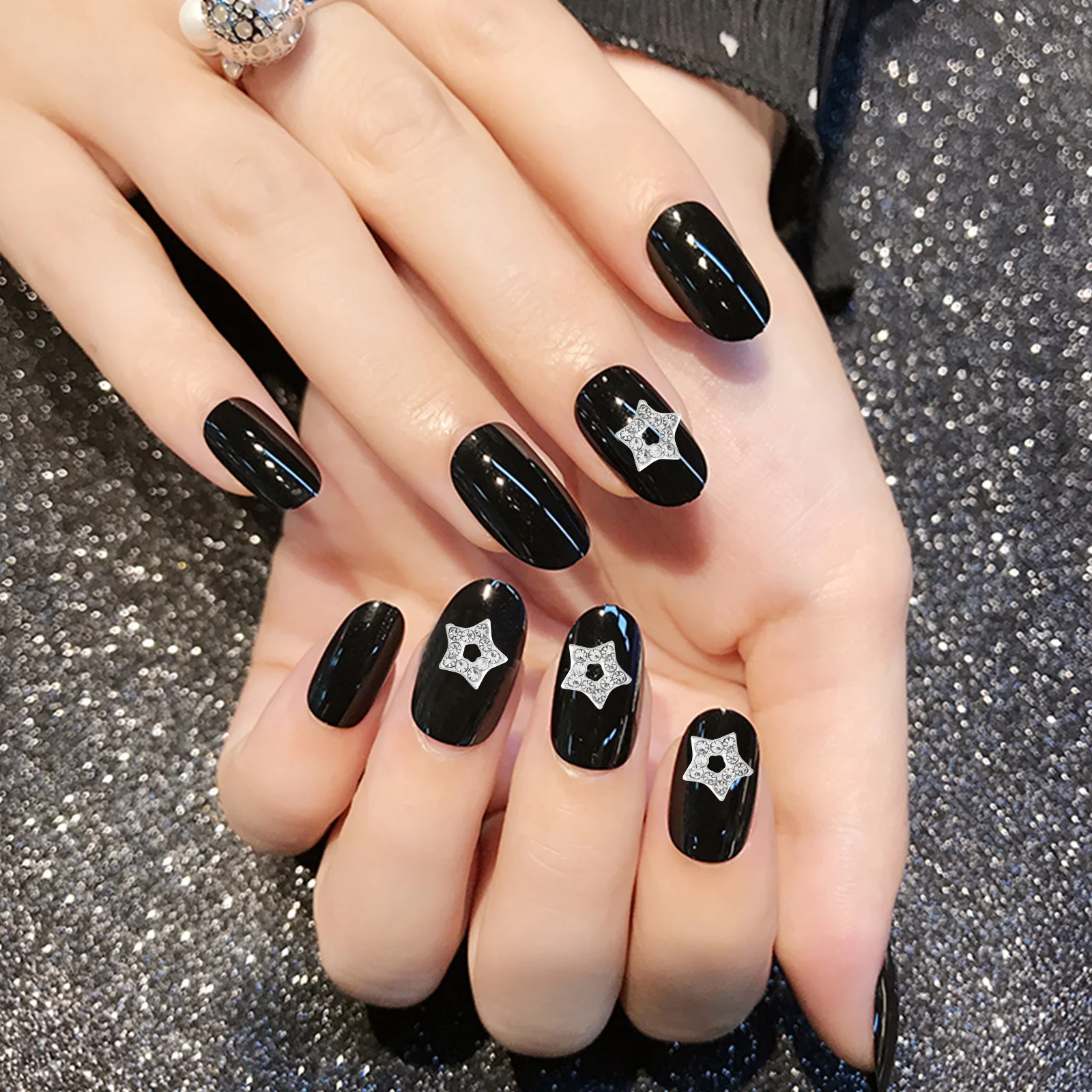 

10 Pcs Star Pendant Ornaments Rhinestones Nail Charms Hollow Out Zinc Alloy Women Nails Small Pearls Silver Decorations