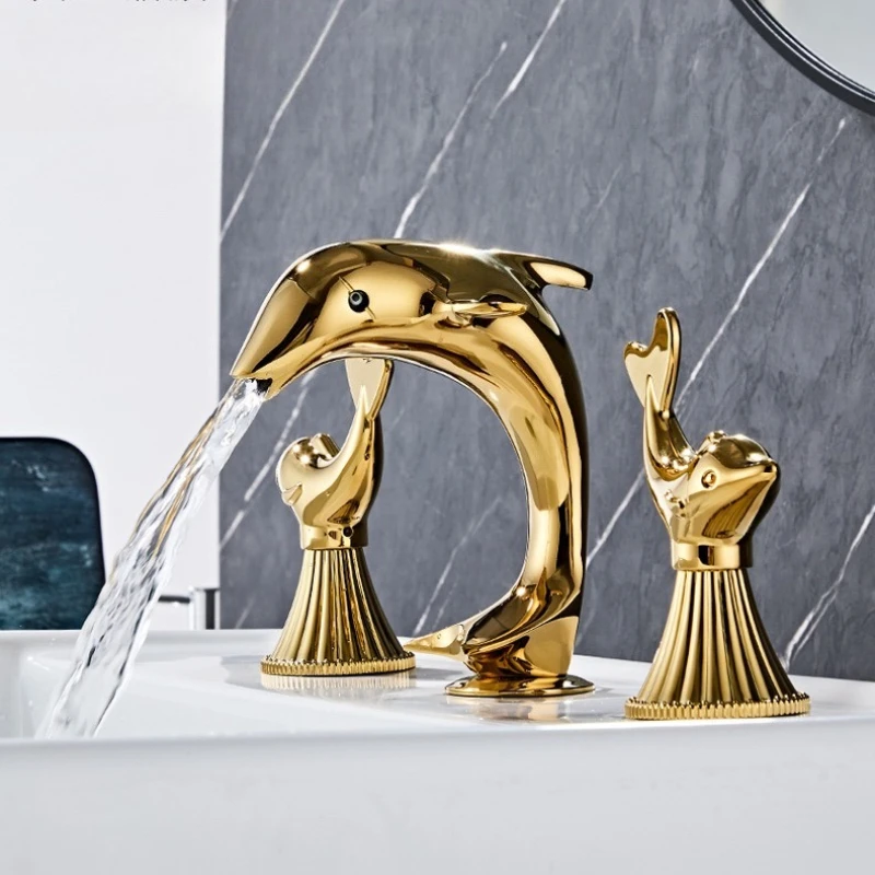 Dolphin Bathroom faucet widespread Gold Basin faucet Lavotory Tap luxury Basin Mixer Hot And Cold shower room sink Faucet