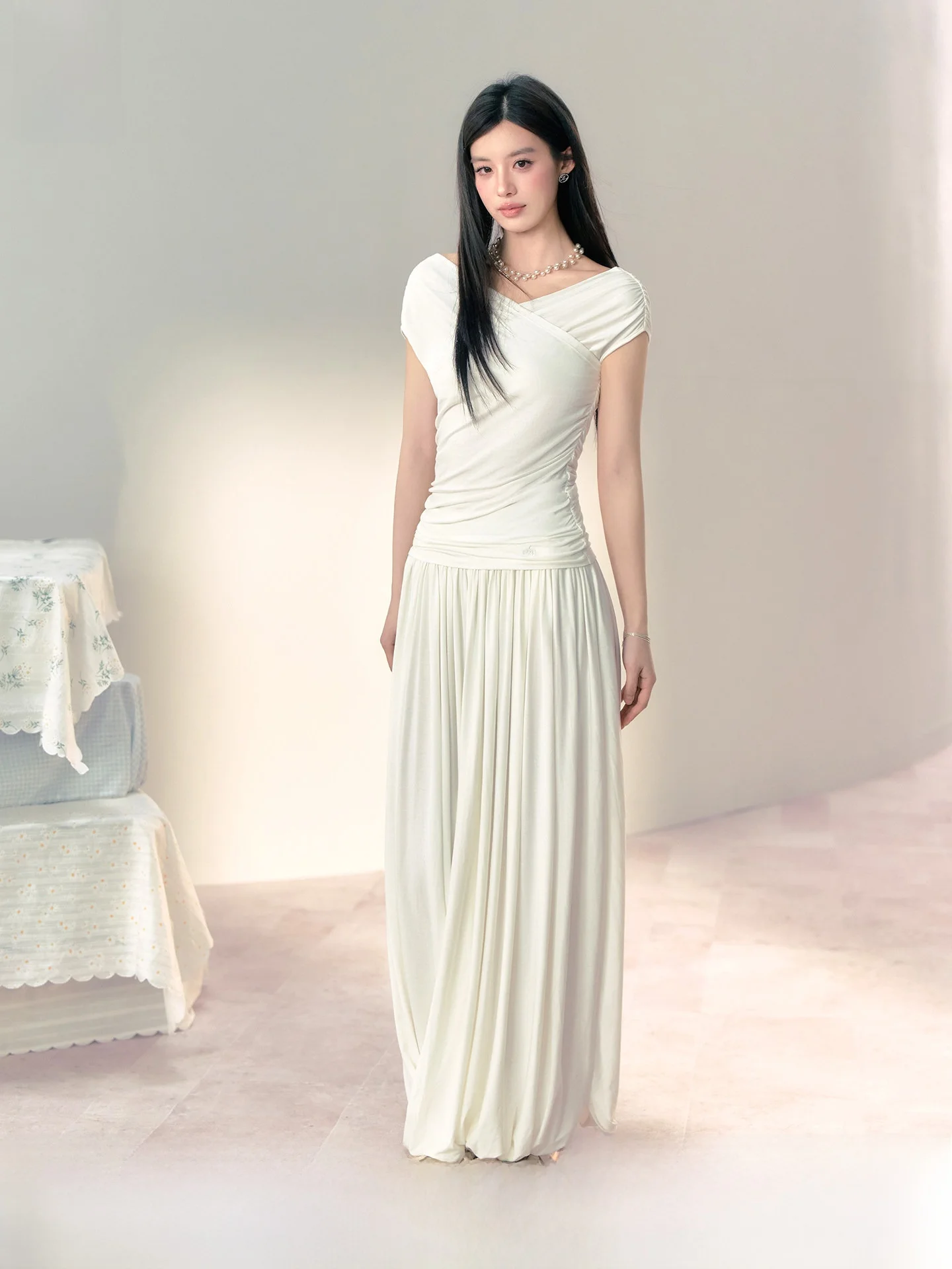 

ANDYET AD Sea Salt Moonlight T-irt Skirt Set Two-Way Wear T-aped Slimming Concealing Pleated Overlap High Elastici