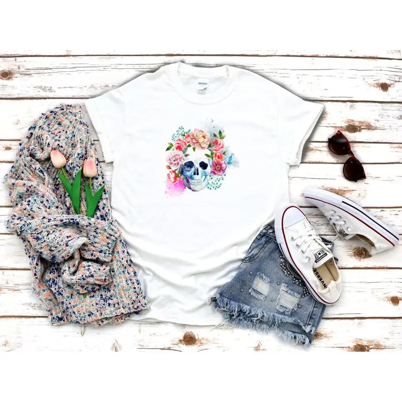 

Skull With Flowers Watercolor Effect White Women's 3 4 T Shirt D336