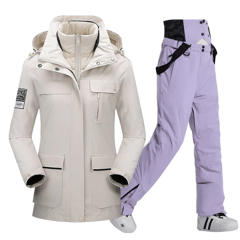 Schneejacke Damen Schneeanzug Sets Wasserdicht Winter Outdoor Wear Snowboard Kleidung Skikostüm Daunenjacken + Trägerhose Mädchen