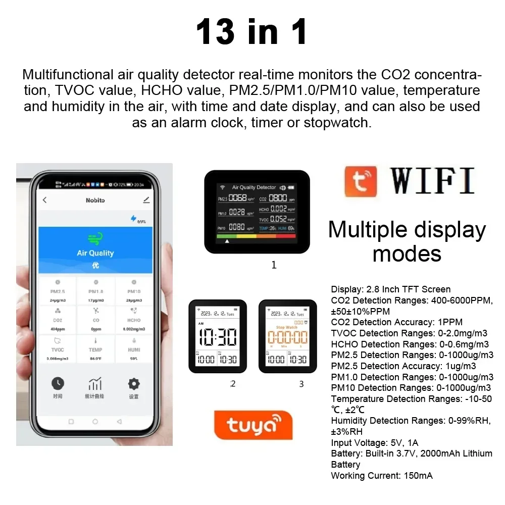 14 in 1/13 in 1 Tuya WIFI Air Quality Monitor CO2 Detector Real Time Monitoring Large Display Home Air Test Kits APP Control