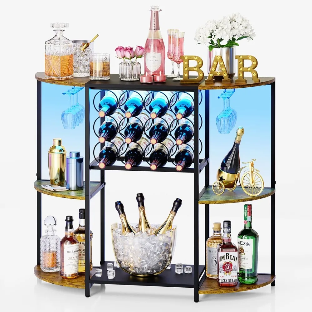 

jksmart wine bar cabinet with led lights, mini wine rack with storage and glass holder, home bar cart for liquor, 3-tier bar tab