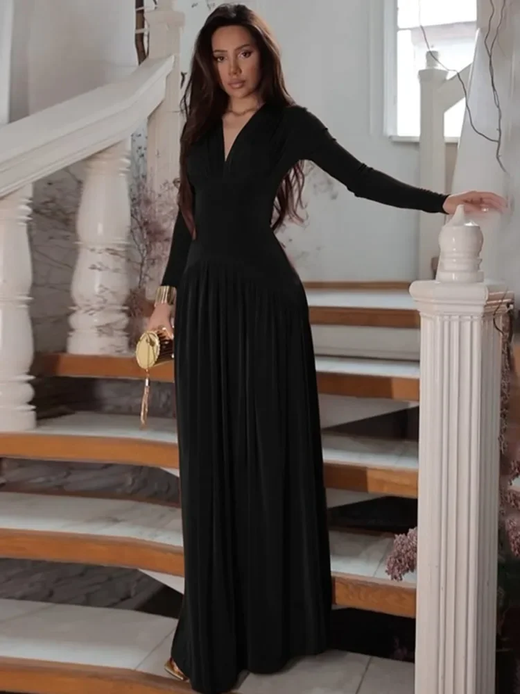 XIAOTANG Herbst Langarm Sexy Maxikleid für Frauen Fashion Solid V-ausschnitt Hohe Taille Schlank Elegante Club Party Plissee Langes Kleid