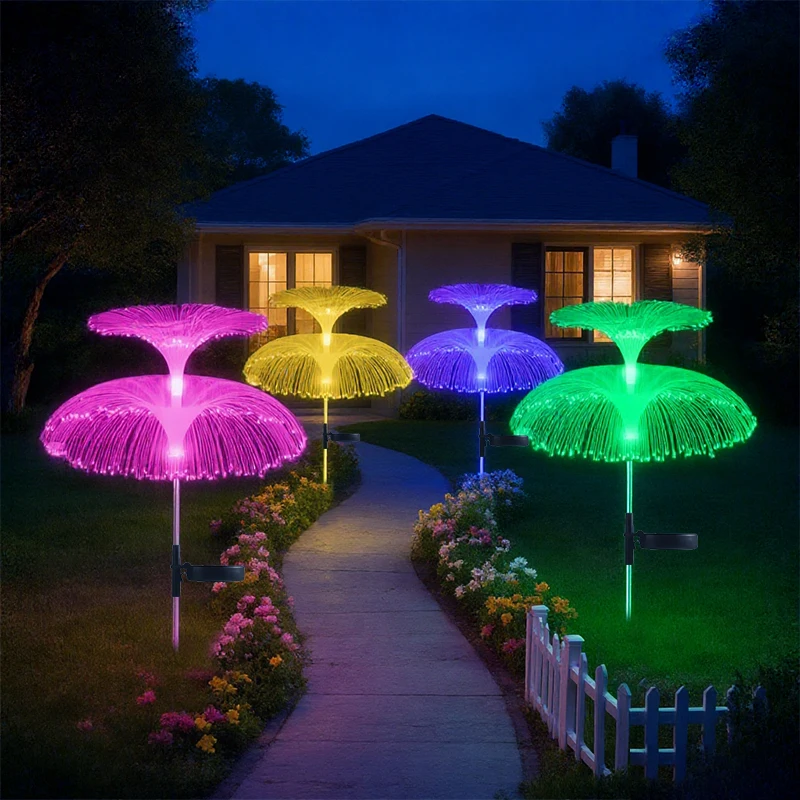 Solar Powered LED Lawn Lights Fiber Optic  Flower Jellyfish Lamp Outdoor Decoration Villa Atmosphere Ground Mounted Lights