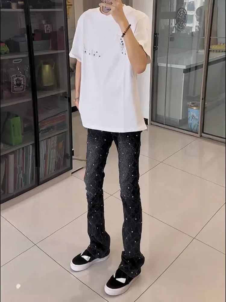 

Slim Straight Jeans Rhinestone Embellied American High Street Versatile Student Trendy Slimming Long Pants Casual Wear