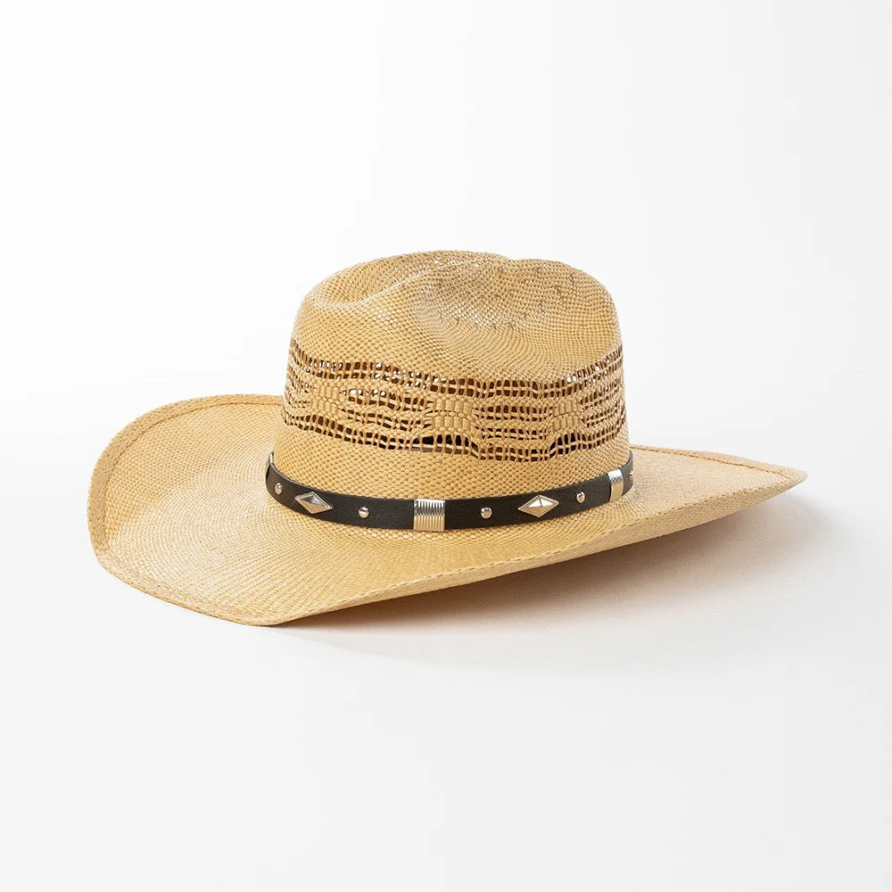 Vintage European American Hard Paper Grass Panama Jazz Hat With Metal Belt Summer Beach Big   Brim Cowboy Hat Outdoor Sun Hat