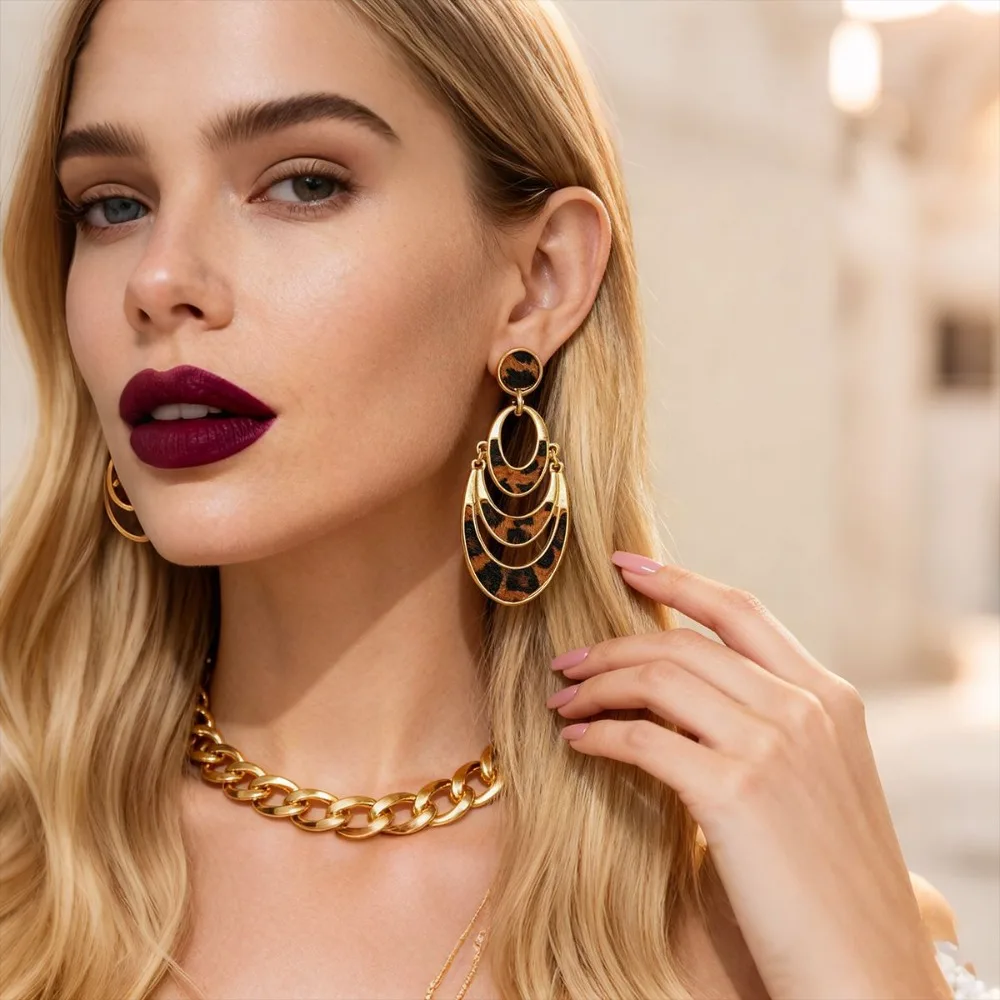 

Retro Autumn Women's Earrings Imitating Horse Hair Leopard Print Multi-layer Hollow Circular 925 Silver Needle Earring Bohemian