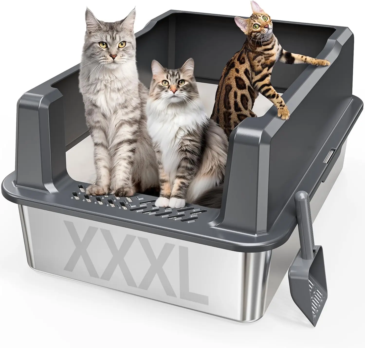 Extra Large XXL Stainless Steel Cat Litter Box with Lid, 26"L x 18"W x 12"H, High Sides, Odor-Free, Easy Clean