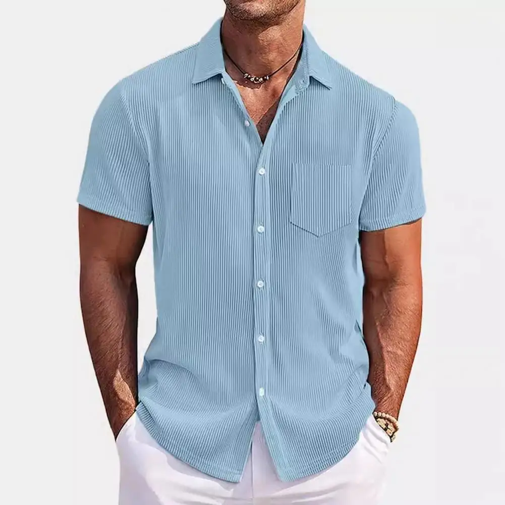 

Men Shirt Men's Loose Fit Summer Shirt with Turn-down Collar Single-breasted Closure Chest Pocket Solid Color Short for Daily