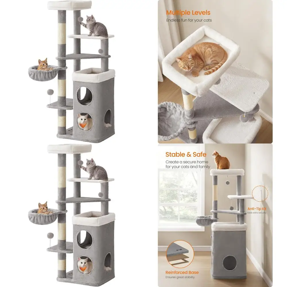 

60-дюймовая многоуровневая лежанка для кошек с 2 пещерами, 3 когтеточками, 3 площадками для отдыха, цвет голубино-серый