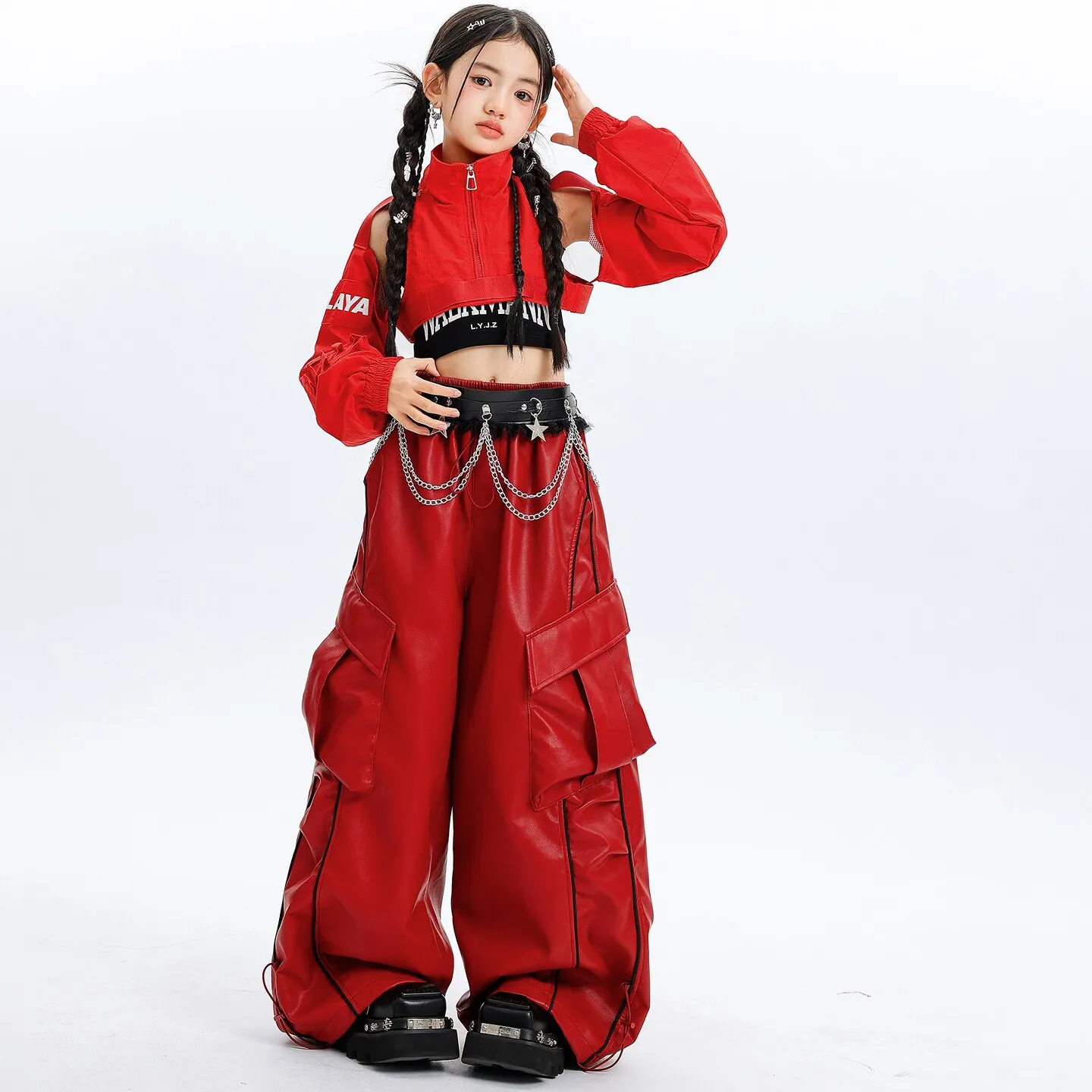 

Детская одежда в стиле K-pop и хип-хоп: красный укороченный топ с открытыми плечами, полосатые повседневные брюки-карго из искусственной кожи для девочек, костюмы для уличных танцев