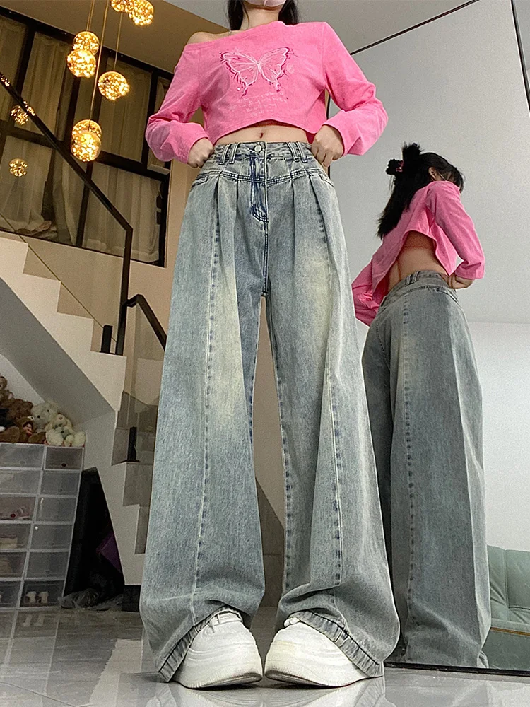 

American Retro Light Blue Jeans Women's Spring Autumn High Waist Loose Slim Straight Large Size Wrinkle Drape Wide Leg Pants