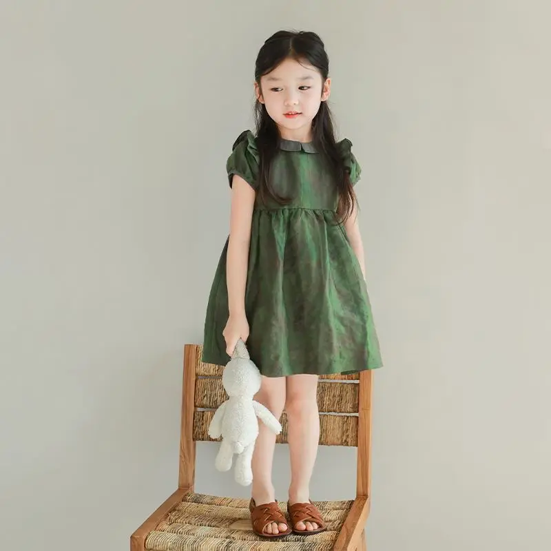 1-9Years Toddler Baby Girl Summer Dress Children Turn Down Collar Short Sleeve Princess Dress Children Green Causal Outfits 8 9