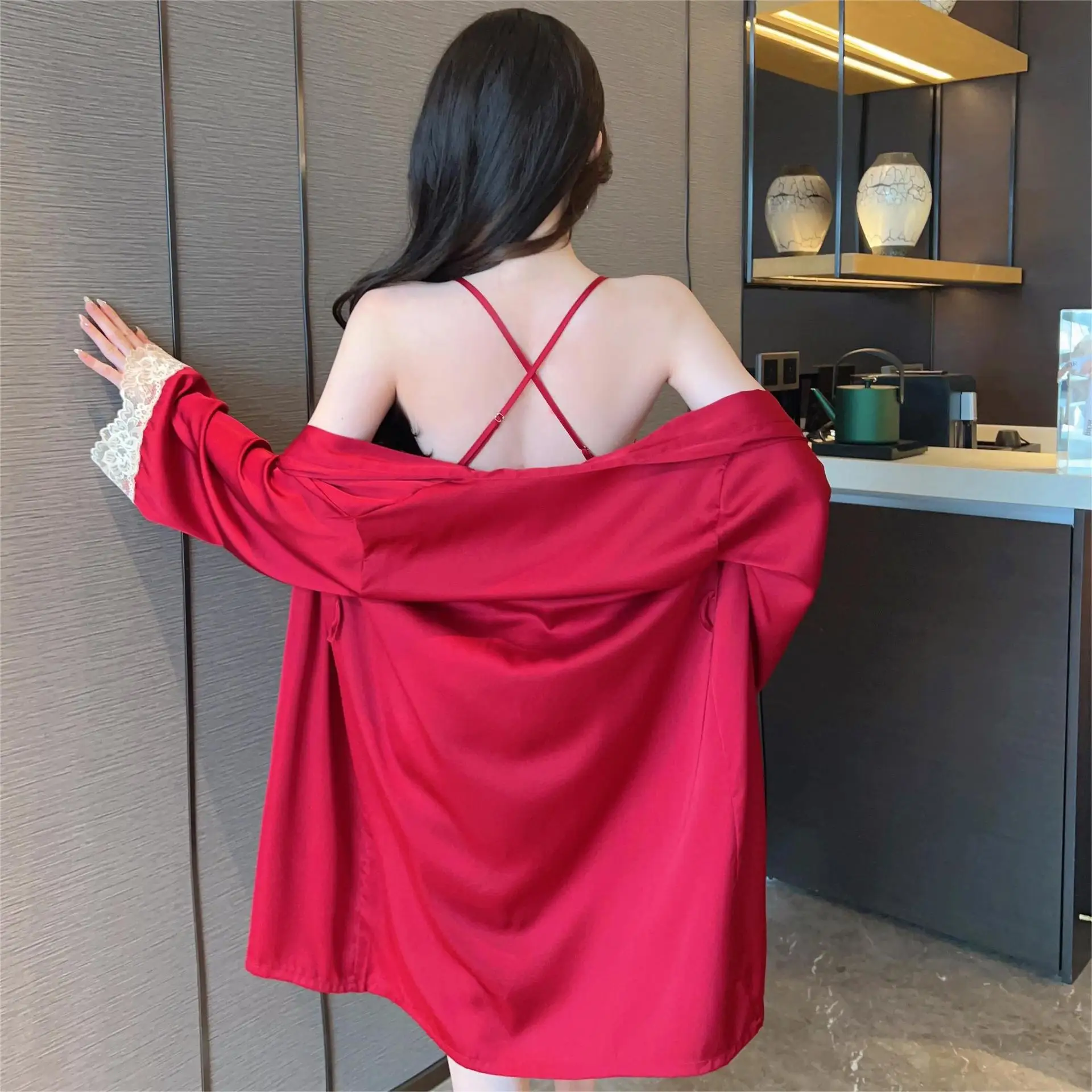 Burgundy 2PCS Pajamas Set New Summer Women Sleepwear Kimono Bathrobe Lingerie Rayon Lace Pijamas Suit Home Wear Nightsuits