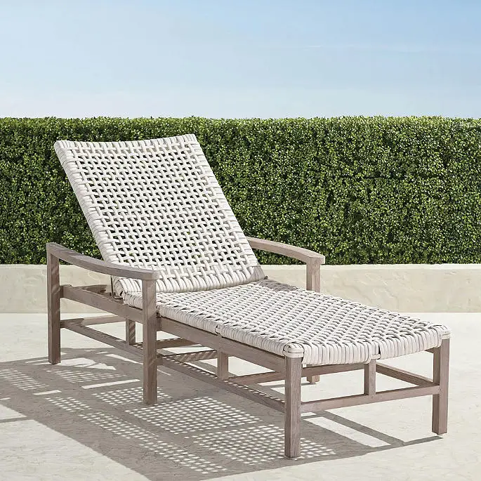 Outdoor Poolside Furniture Rattan Mixed Materials Sloping Seat Rounded Back Solid Teak Wooden Sun Lounger