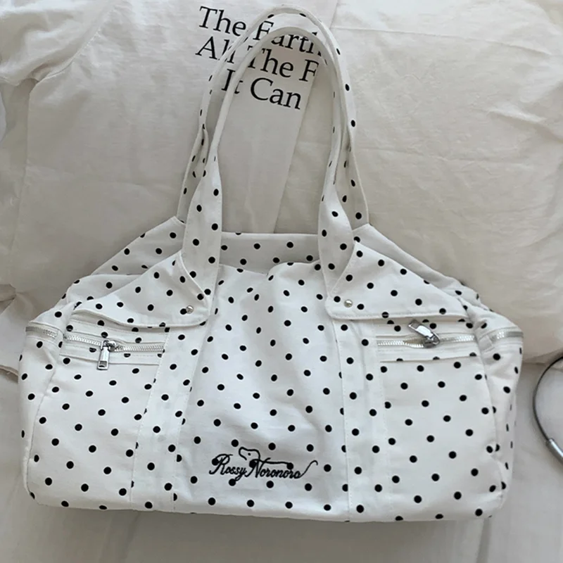 

Lightweight Korean Polka Dot Tote Bag, Letter Embroidery Versatile Shoulder Bag, Preppy Multi-pocket Commuter Handbag For Daily