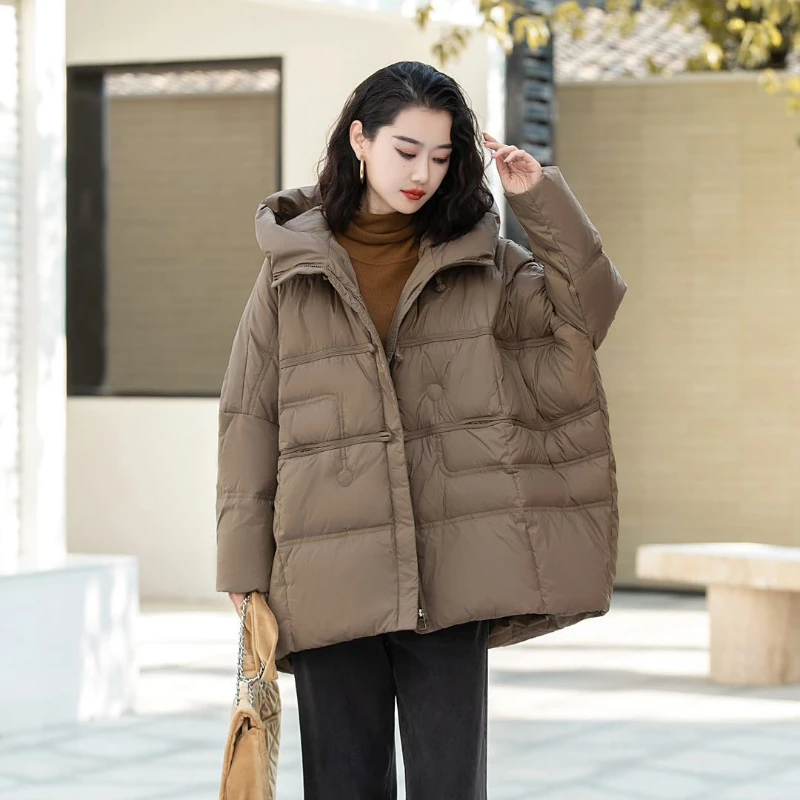 Hooded Down Jacket for Women, Warm Coat, Collision Design, Korean Version, Casual Parker Coat, Winter, New, 2024