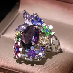 Milangirl Luxury Big Rainbow Flower Ring Boho Female Party Ring Promise Engagement Rings For Women Wedding Fashion Jewelry