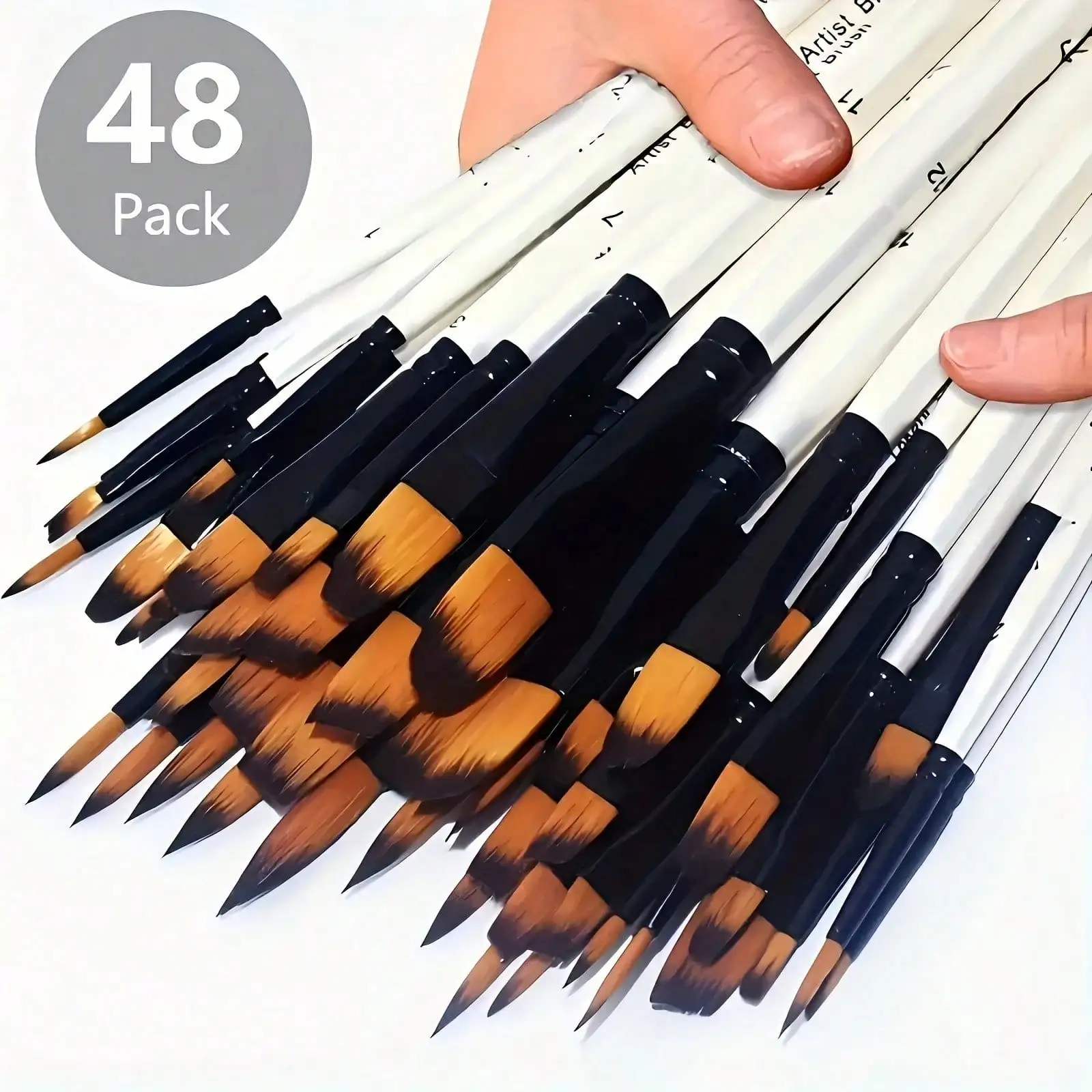 48 Professional Artist Brushes Set With High-Quality Wooden Handles And Nylon Bristles, Including Round, Pointed, Flat And Diagonal Heads, For Acrylic, Watercolor