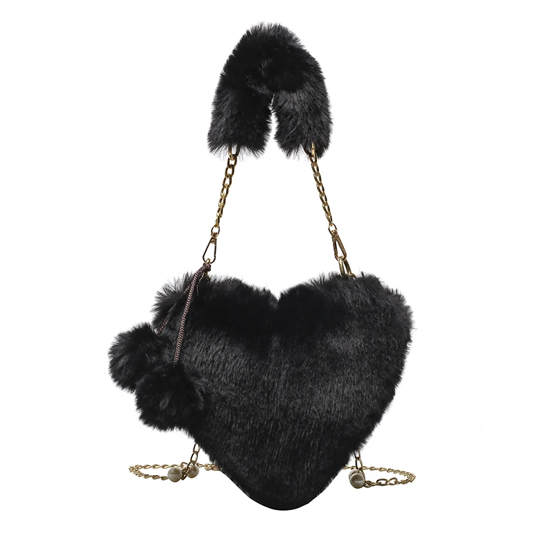 Heart Shaped Fluffy Bags For Women 2022 New Chains Plush Tote Bag Soft Furry Bags Small Luxury Designer Handbag Fur Shoulder Bag