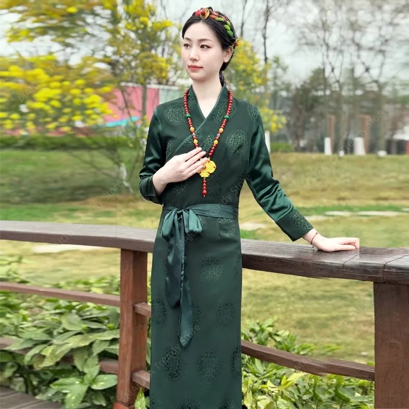 Traditional Amdo Tibetan Clothing for Women Summer Lhasa Style Wrap Robe with Piped Edges Tibet Dress