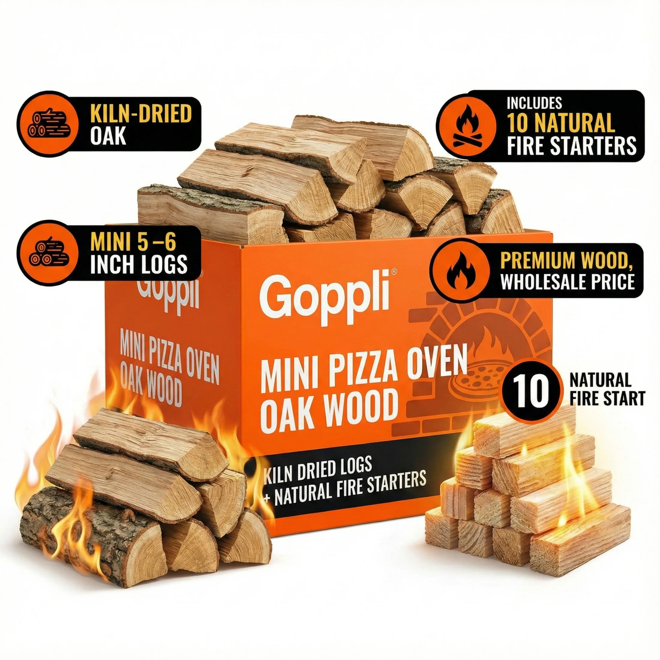 

Mini Oak Wood for Pizza Ovens – 12–14lb Dried Cooking Logs with Fire Starters – Grilling, BBQ, Smoking
