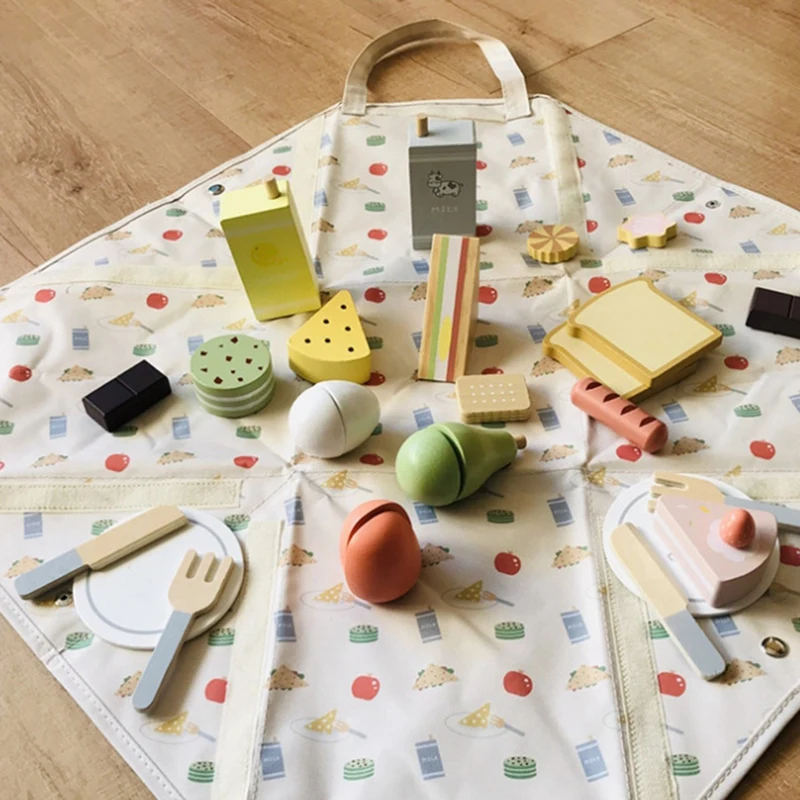 Giochi di finzione in legno Giocattoli per bambini Confezione da torta da picnic Borsa da cucina Giocattoli alimentari per ragazza Gioco educativo di imitazione