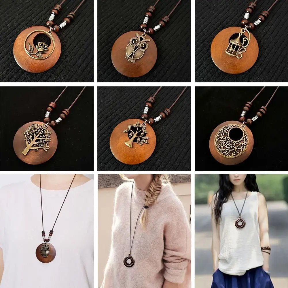 Retro Ethnic Round Wooden Leaf Owl Long Sweater Chain Necklace Women Vintage Clock Pendant Female Jewelry Neck Accessories Gifts