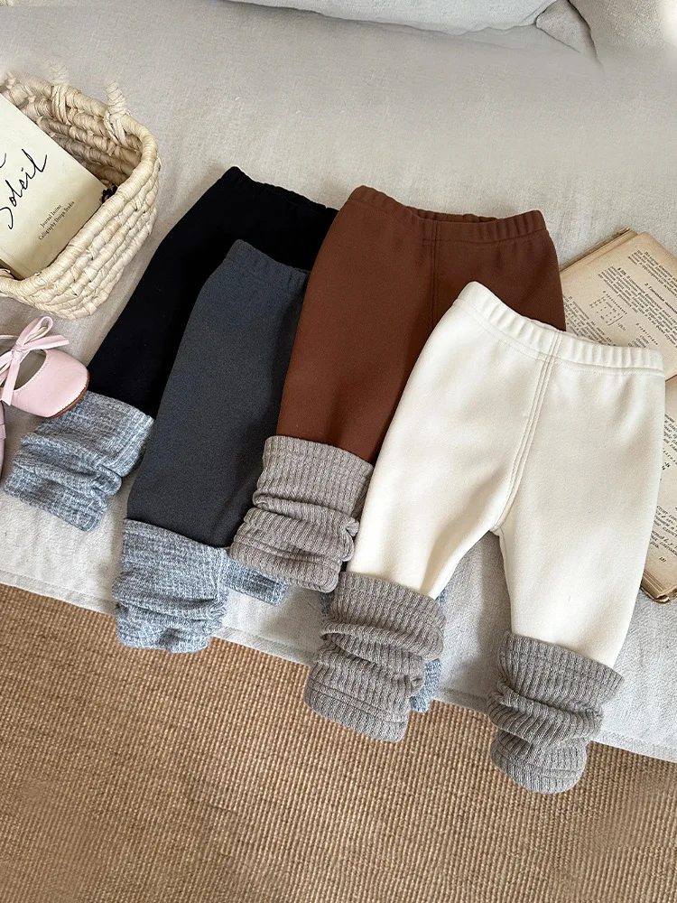 2025 Winter New Baby Fleece Leggings Cotton Infant Girl Patchwork Warm Trousers Toddler Boys Plus Velvet Thick Elastic Pants