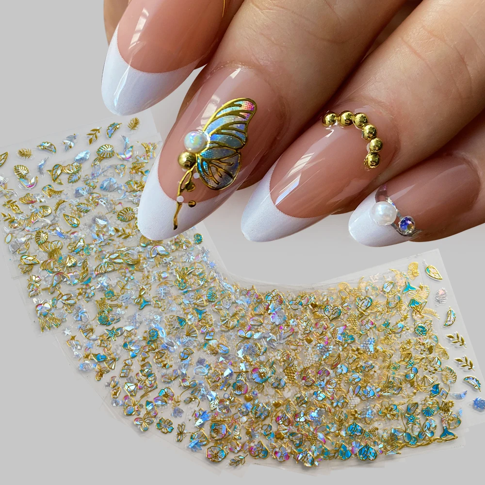 20 Sheets Spring Flower Nail Sticker 3D Self-Adhesive Colorful Gold Blue Butterfly Nail Decal Slider Bronzing Decoration Y2K