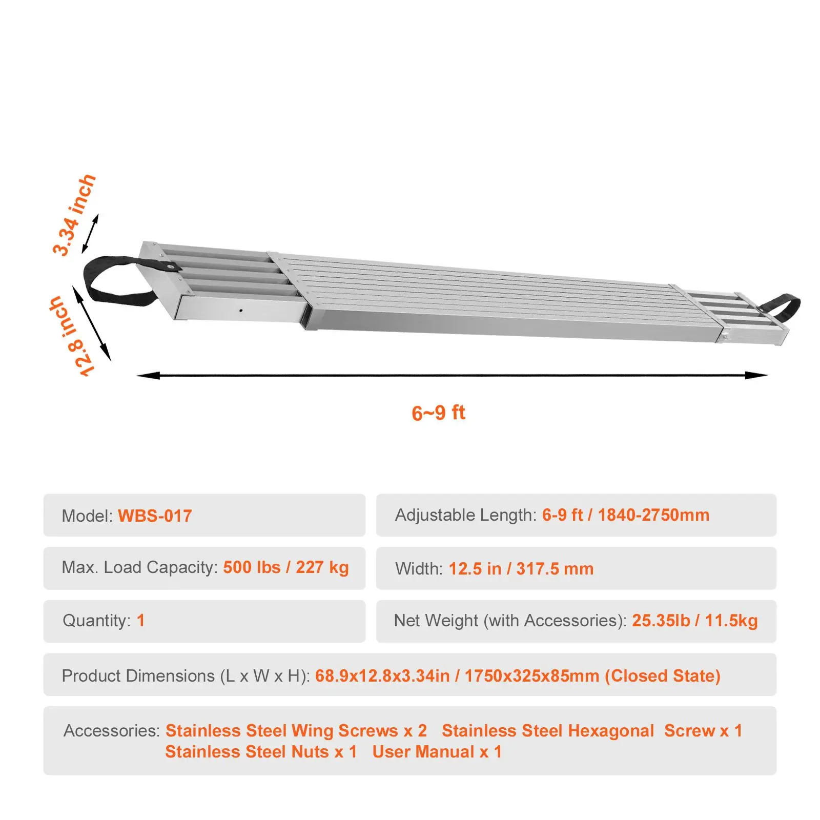 Telescoping Aluminum Work Plank, 6-9 Feet 500lbs Capacity, 12.5 inch Width Aluminum Scaffold Plank,Extension Staging Plank with Skid-Proof Platform Scaffold Ladder Accessory