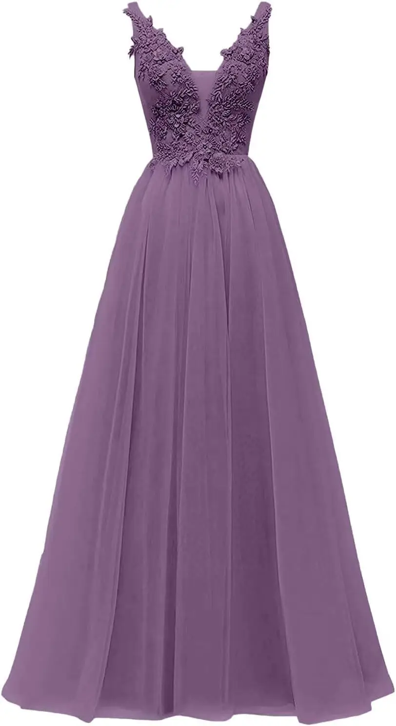 

V Neck Prom Dresses for Women Tulle Prom Dress Lace Applique Ball Gown Spaghetti Strap Party Dress Formal Evening Gown