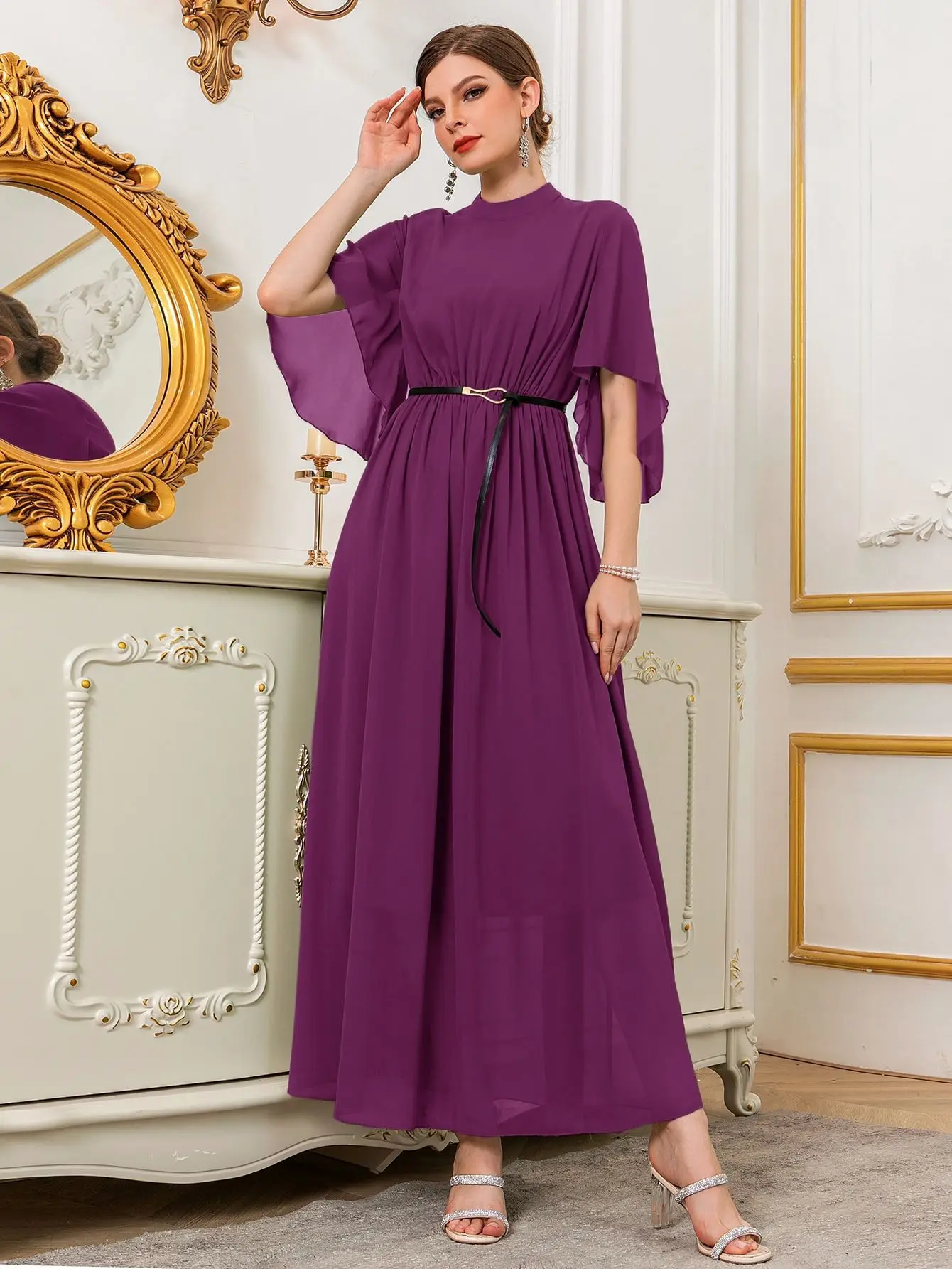 Gaun Maxi lengan Flare Wanita Mode elegan gaun pesta Arab Saudi jubah Turki Abaya Dubai Kaftan Marocain Femme musim panas