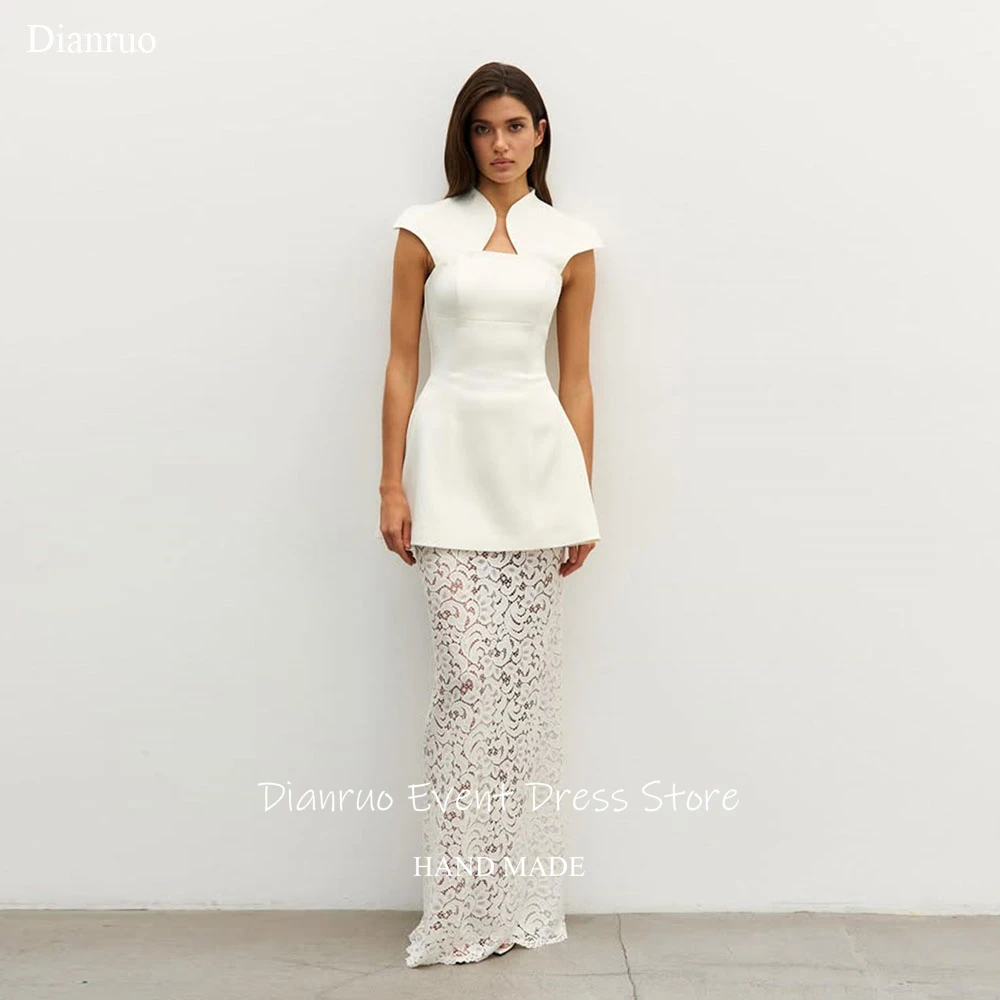 

Dianruo Mermaid Cap Sleeves Wedding Dresses Maxi Vestido De Noiva Lace Cut Out Collar Peplum Top Evening Dresses Customized