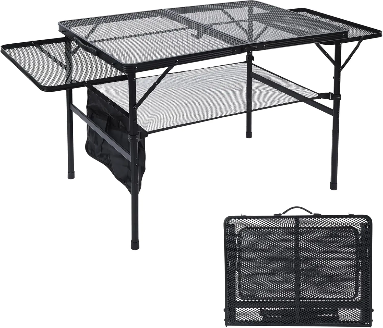 

Folding Grill Table, 3x2 FT Portable Camping Table with 2 Wing Panels, Height Adjustable Metal Tables with Mesh Desktop and Mesh