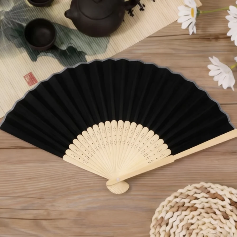 Vintage Style Bamboo Folding Fan Polyester Material Minimalist Solid Color Hand Held Cooling Fan For Party Dance Decoration