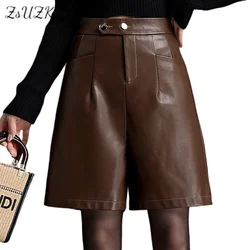 ZUZK PU Leather Bermuda Shorts For Women Loose Shorts Autumn Winter Motorcycle Punk High Waist Fashion Bermuda Shorts Femme