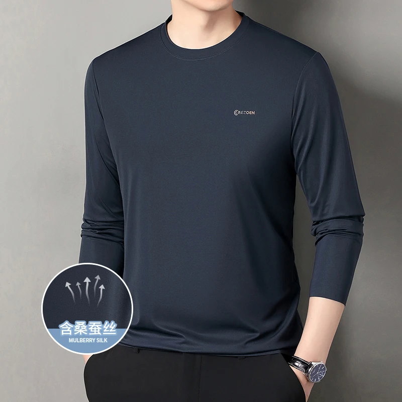 Kaos Lengan Panjang Sutra Mulberry Berkualitas Tinggi untuk Pria, Kaos Leher Bulat 2025 Musim Gugur, Tahan Kerut dan Bebas Setrika, Atasan Dasar