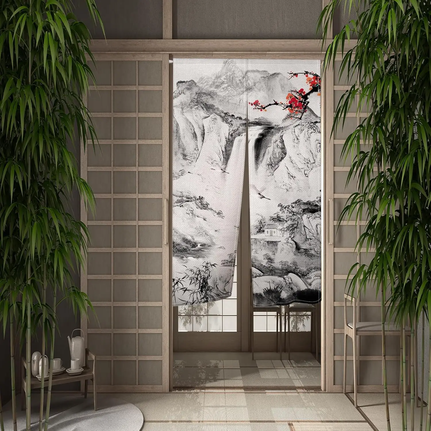 Ink Wash Mountain Landscape Door Curtain, Plum Blossom with Waterfall Pattern, Waterproof Washable Noren Curtain for Living Room