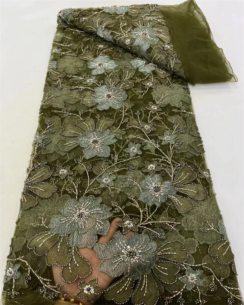 Tela de encaje de tul francés con cuentas africanas, lentejuelas nigerianas de alta calidad con encaje de perlas para costura de vestidos de fiesta, 2025