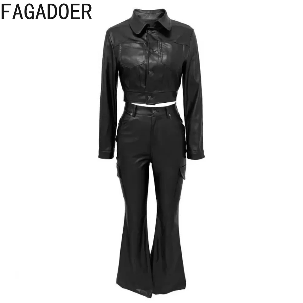 FAGADOER Y2K Punk Leather 2 Piece Sets Women Outfit Fashion Long Sleeve Buttons Crop Jacket And High Waisted Flare Pants Suit