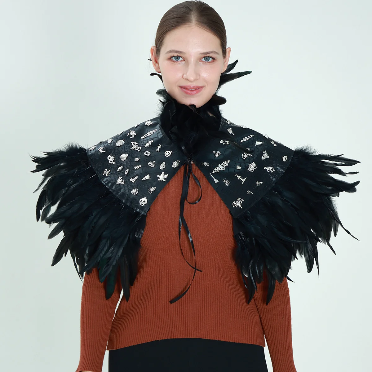 Gothic Dark Feather Shawl Carnival Cosplay Party Shoulder Decoration Vintage Exaggerated Collar Cloak for Stage Performance
