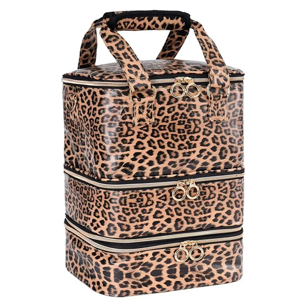 3-Layers Nail Polish Organizer Bag Leopard Print Detachable Nail Lamp Case Large Capacity with Handle Makeup Bag Nail Polish Gel