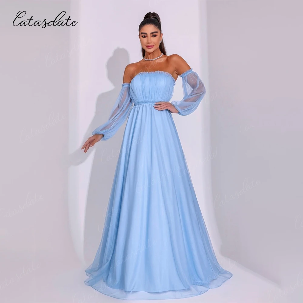 

Catasdate Party Dresses Women with Detachable Sleeves Strapless Evening Gown Long Elegant Evening Dress Party vestido de noche