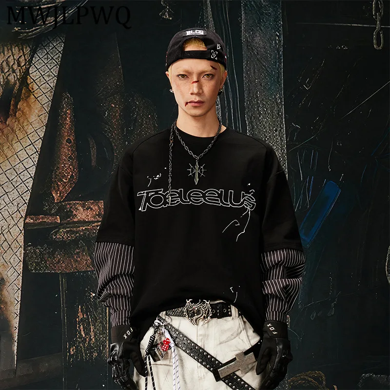 

Мужская футболка MWJLPWQ с имитацией двухслойности, в полоску, с принтом, свободного кроя, с круглым вырезом, с длинным рукавом, унисекс, повседневная, весенняя новинка 13300