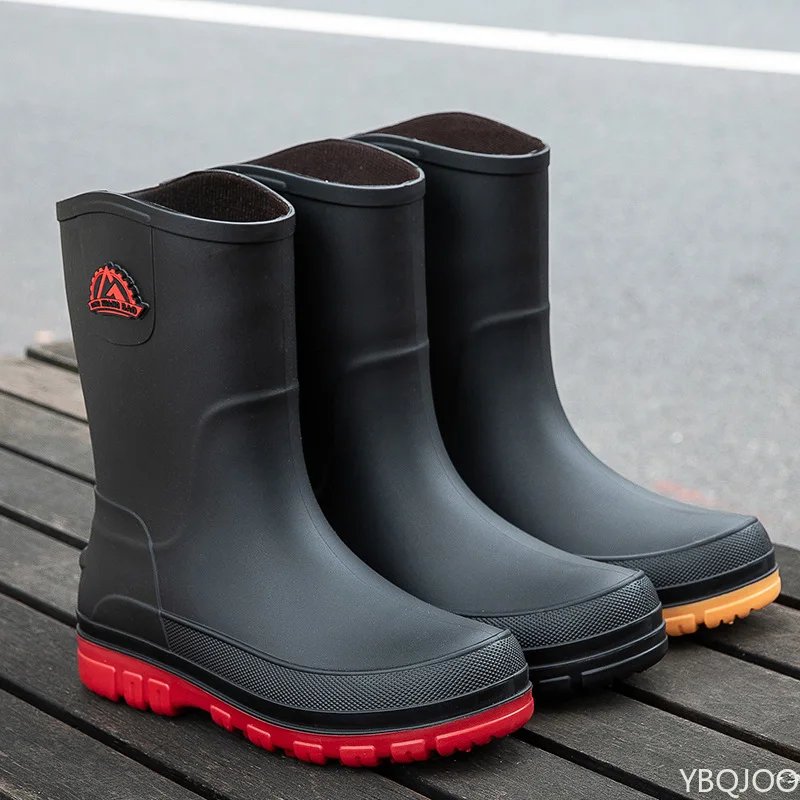 

Негабаритные мужские резиновые сапоги Four Seasons, модные новые цельные водонепроницаемые и противоскользящие подошвы, рабочие мужские резиновые туфли средней длины
